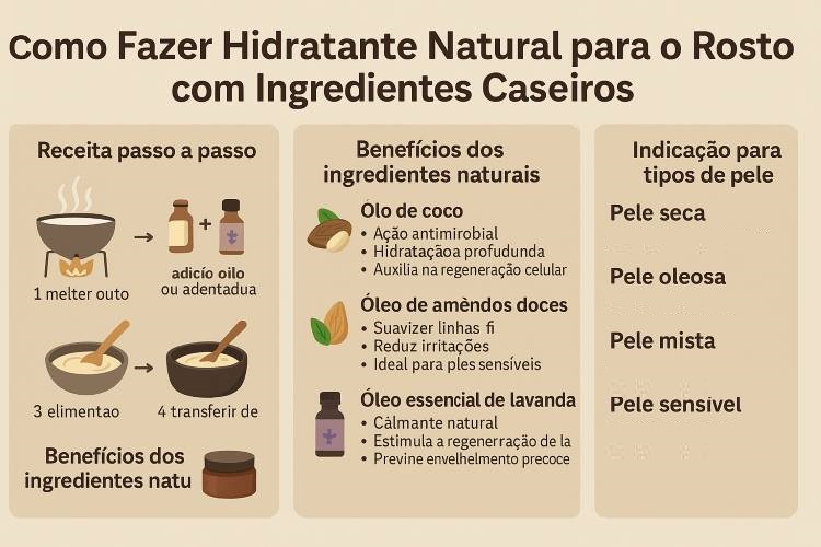 Como fazer Hidratante Natural para o Rosto com Ingredientes Caseiros: Receita, Benefícios e Tipos de Pele. Veja acessando nosso site