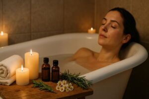 Banho Relaxante com Óleos Essenciais. Criar um momento de autocuidado e bem-estar no conforto do lar é possível e altamente benéfico