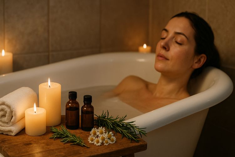 Banho Relaxante com Óleos Essenciais. Criar um momento de autocuidado e bem-estar no conforto do lar é possível e altamente benéfico