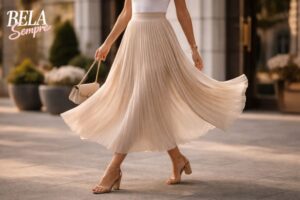 Saia Plissada Moderna. Como se cada caminhada carregasse um pouco mais de leveza do que o comum. Saiba mais...