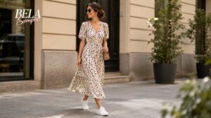 Look com Tênis Branco. Vestido e tênis branco mostram que conforto e elegância podem caminhar juntos com leveza e autenticidade.