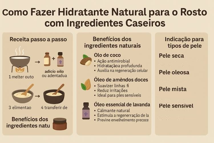 Como fazer Hidratante Natural para o Rosto com Ingredientes Caseiros: Receita, Benefícios e Tipos de Pele. Veja acessando nosso site